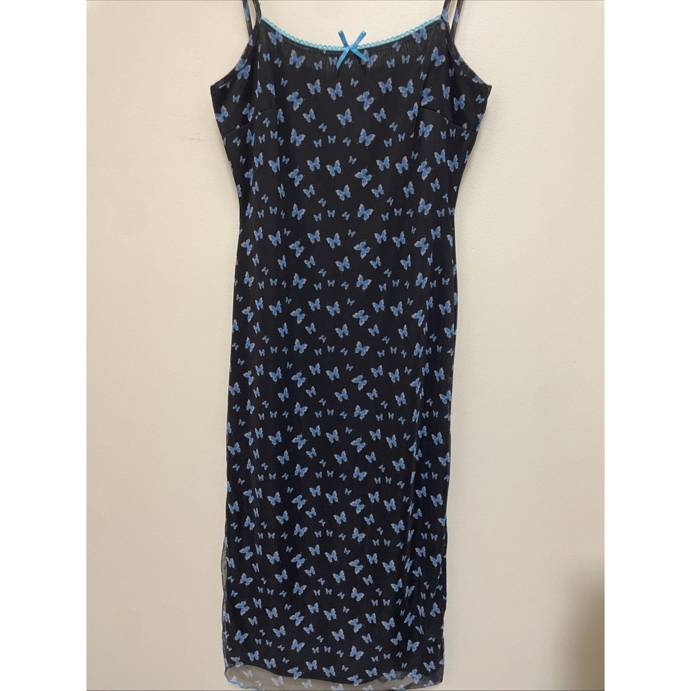 Vintage Supply Y2K 90s Butterfly Mesh Overlay Dress Slit Black Blue US 8